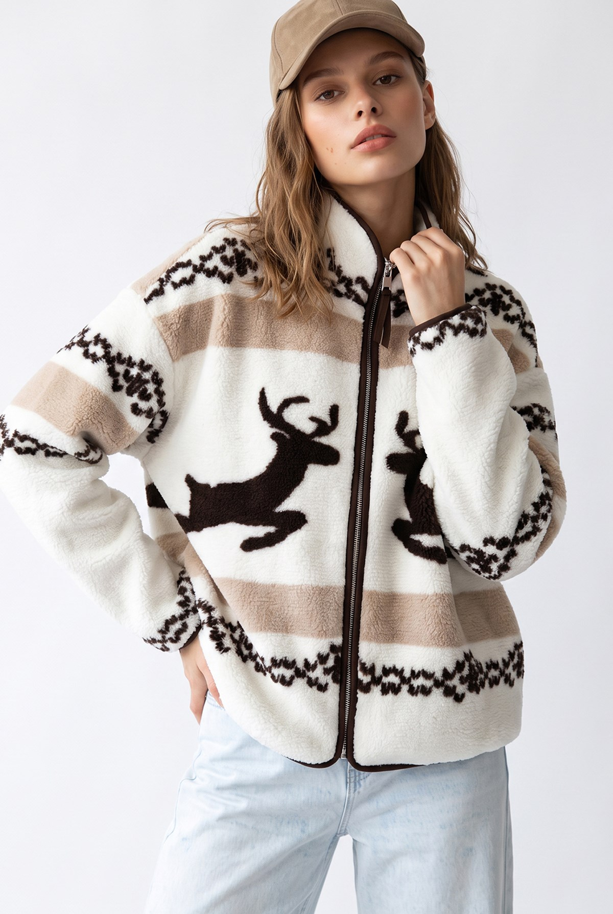 4981 Kadın Geyik ve Kar Motifli Cepli Yumuşak Dokulu Polar Sweatshirt