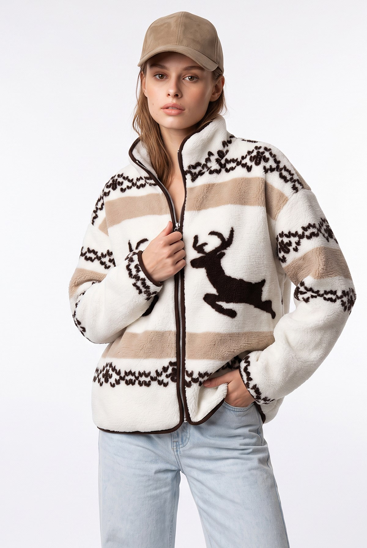 4981 Kadın Geyik ve Kar Motifli Cepli Yumuşak Dokulu Polar Sweatshirt