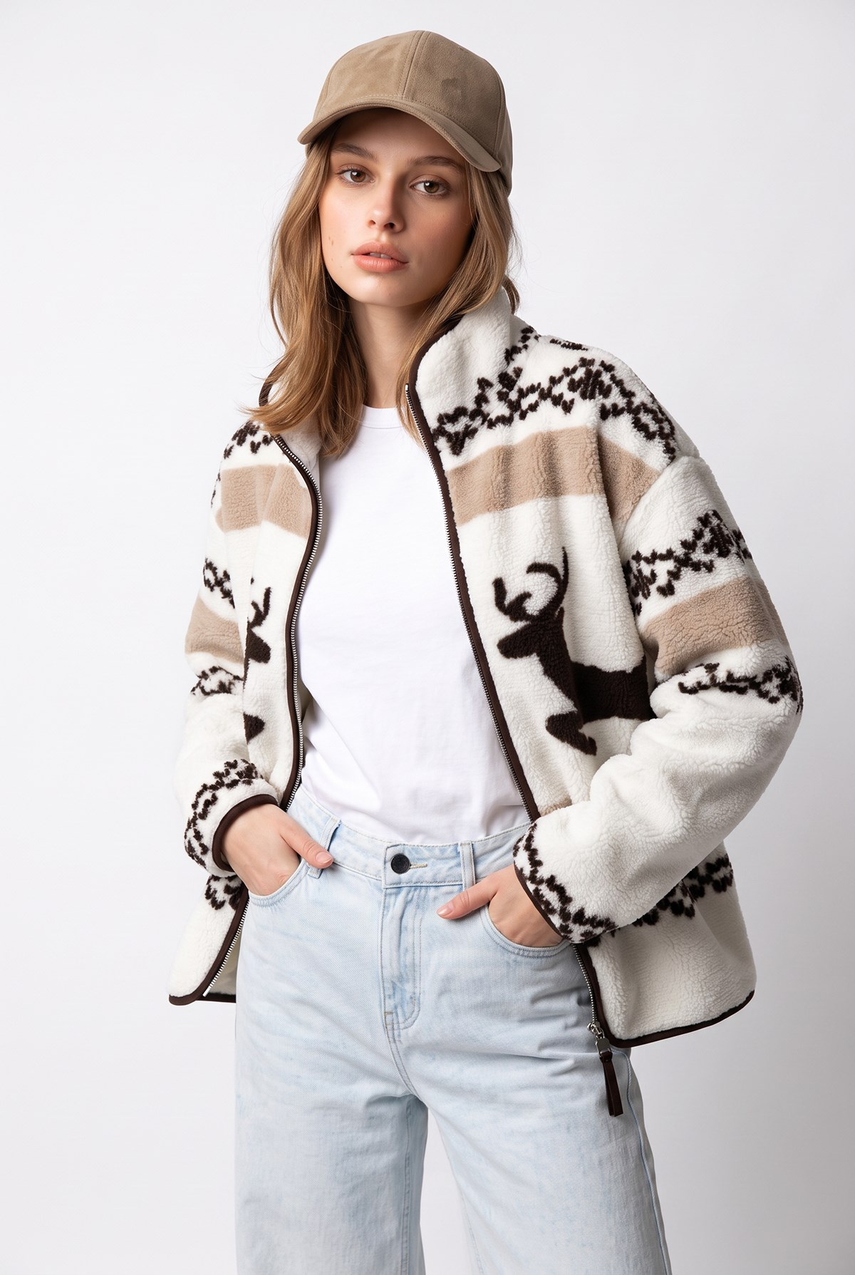4981 Kadın Geyik ve Kar Motifli Cepli Yumuşak Dokulu Polar Sweatshirt