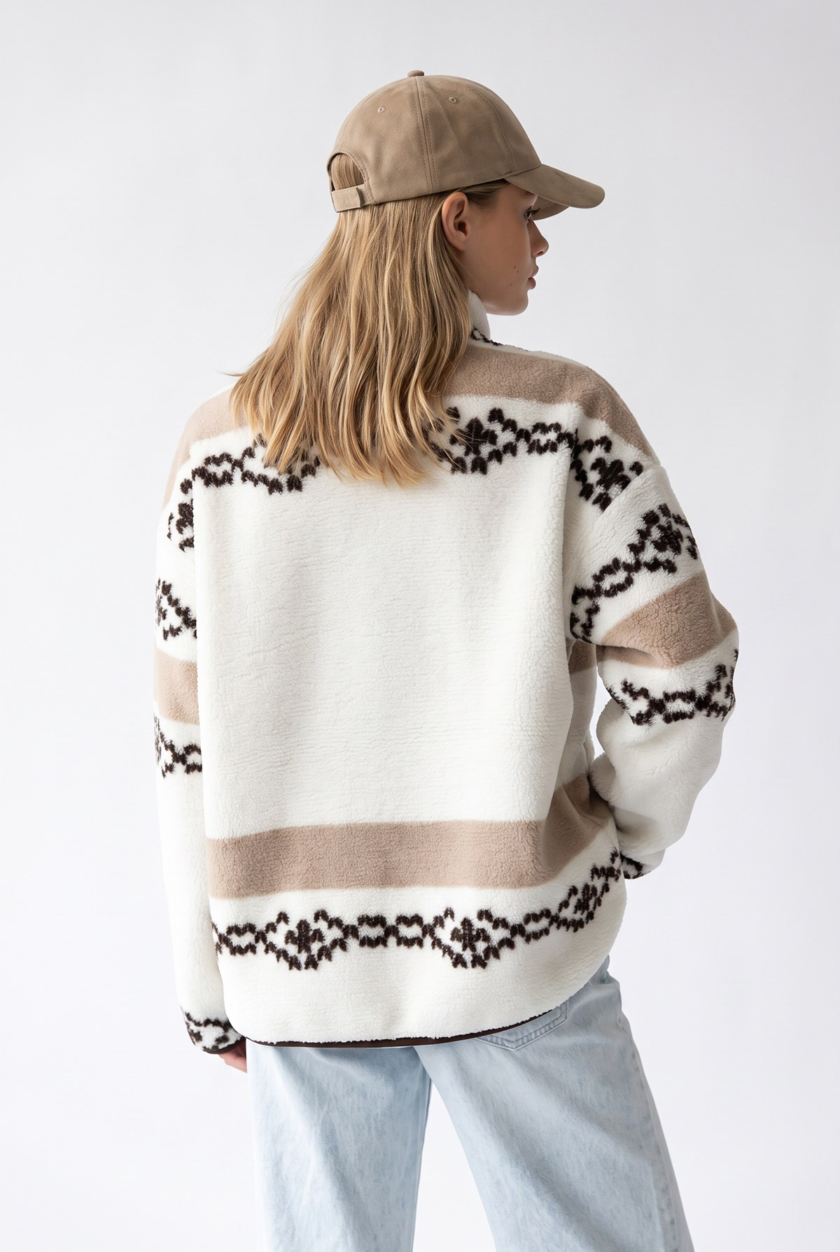 4981 Kadın Geyik ve Kar Motifli Cepli Yumuşak Dokulu Polar Sweatshirt