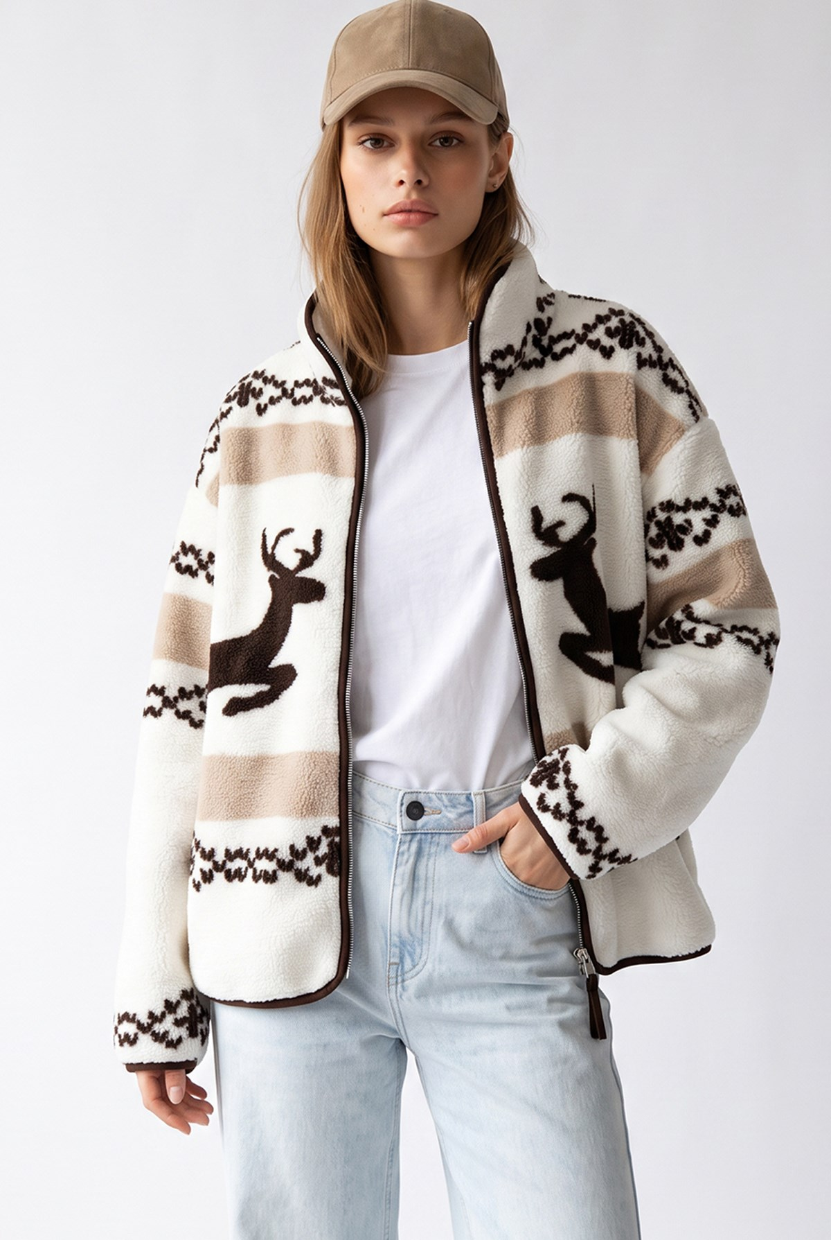 4981 Kadın Geyik ve Kar Motifli Cepli Yumuşak Dokulu Polar Sweatshirt