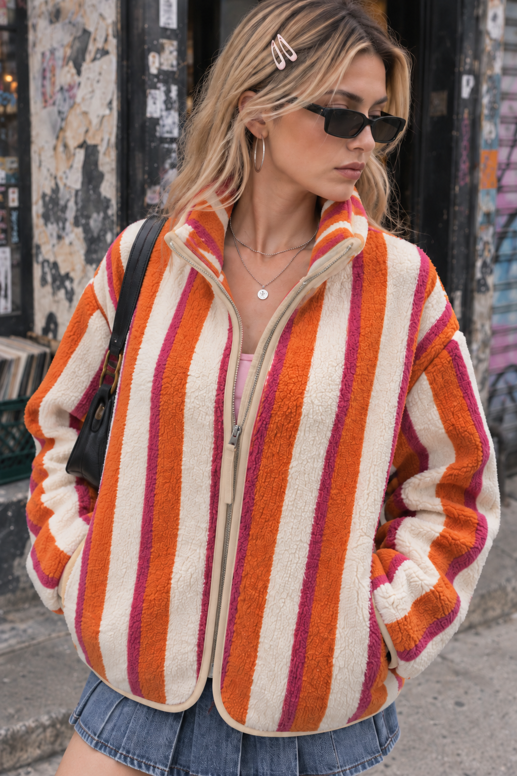 4981 Kadın Gün Batımı Çizgili Cepli Yumuşak Dokulu Polar Sweatshirt