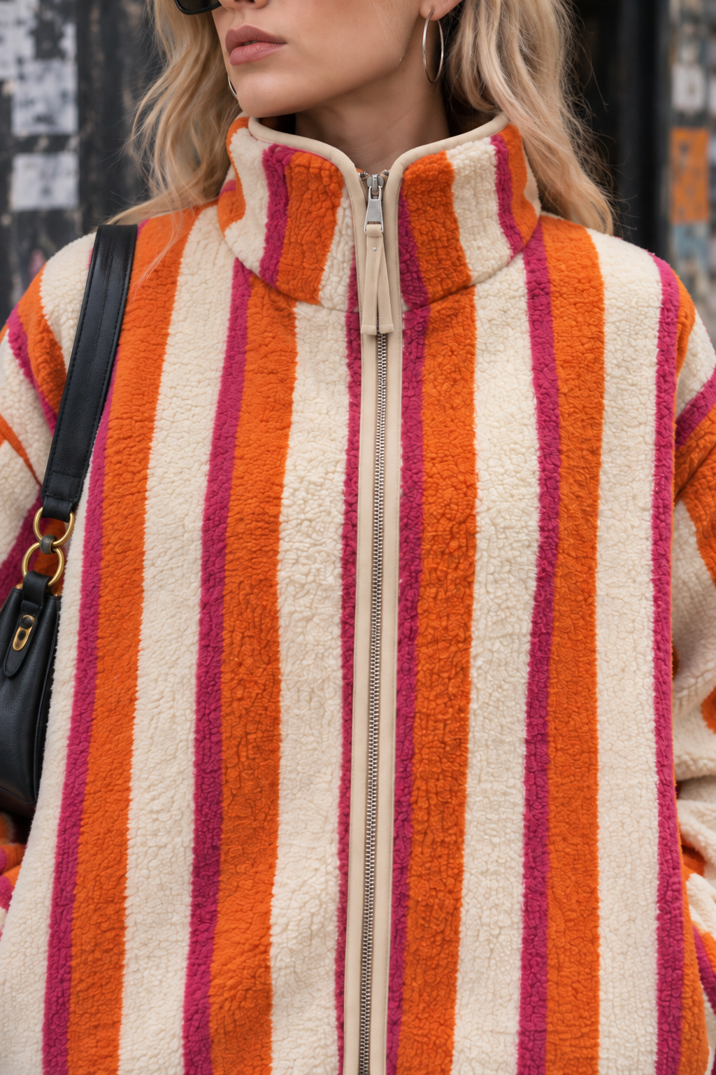 4981 Kadın Gün Batımı Çizgili Cepli Yumuşak Dokulu Polar Sweatshirt