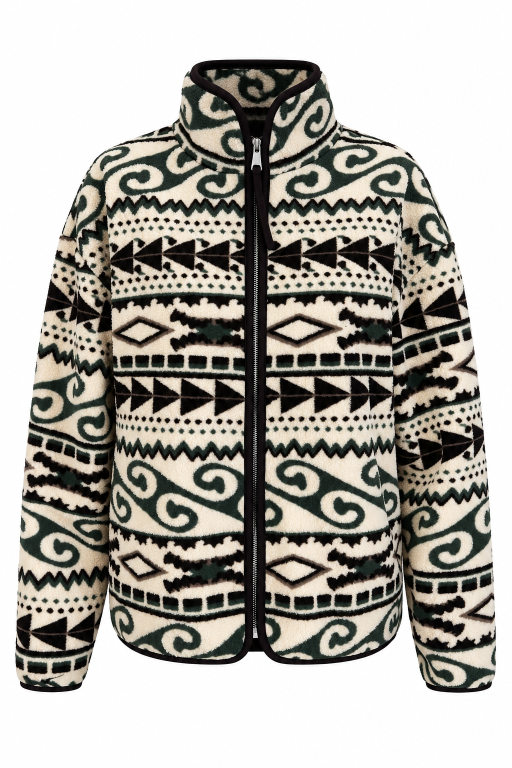 4981 Kadın Haki Etnik Kilim Esintili Cepli Yumuşak Dokulu Polar Sweatshirt