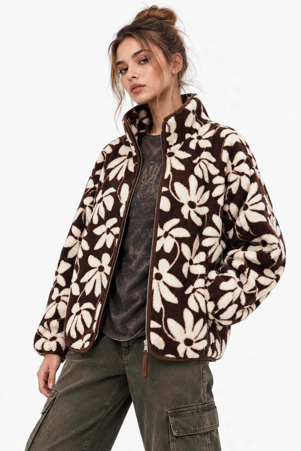 4981 Kadın Kahve Çiçek Desenli Cepli Yumuşak Dokulu Polar Sweatshirt