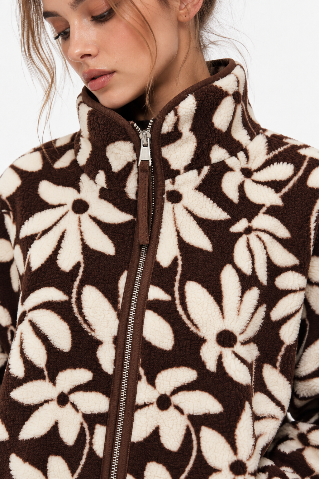 4981 Kadın Kahve Çiçek Desenli Cepli Yumuşak Dokulu Polar Sweatshirt