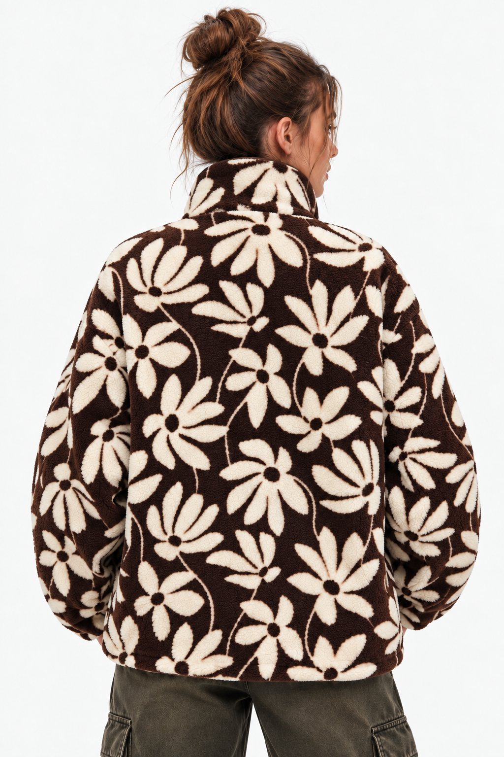 4981 Kadın Kahve Çiçek Desenli Cepli Yumuşak Dokulu Polar Sweatshirt