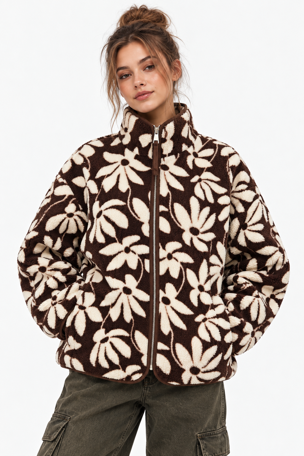 4981 Kadın Kahve Çiçek Desenli Cepli Yumuşak Dokulu Polar Sweatshirt