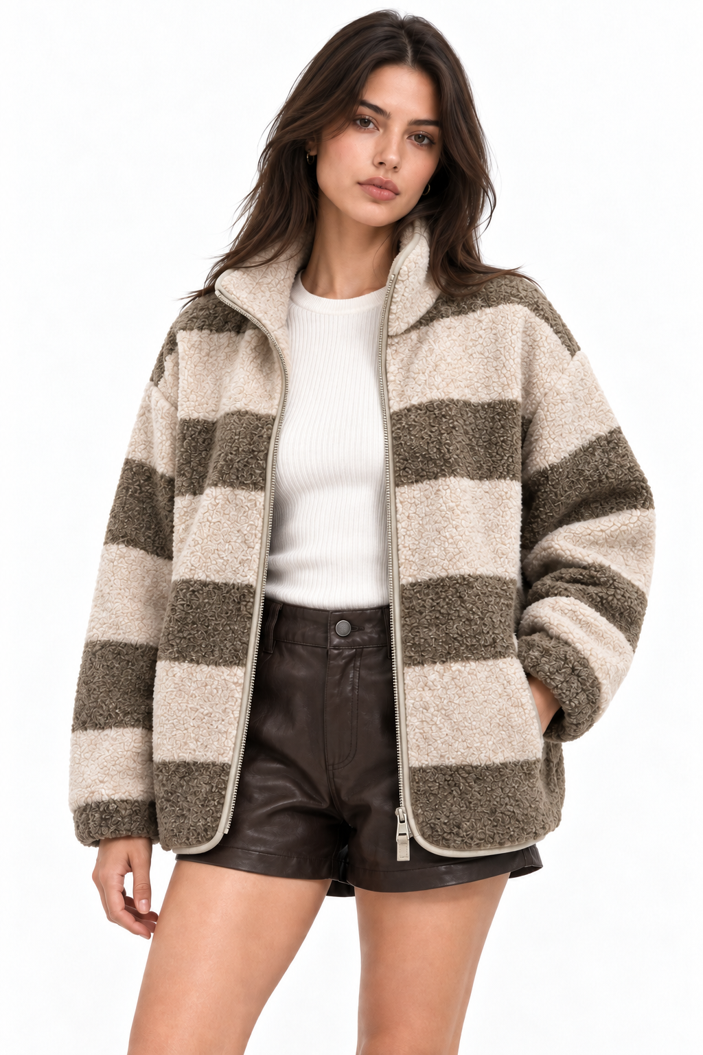 4981 Kadın Kahve Çizgili Cepli Yumuşak Dokulu Polar Sweatshirt