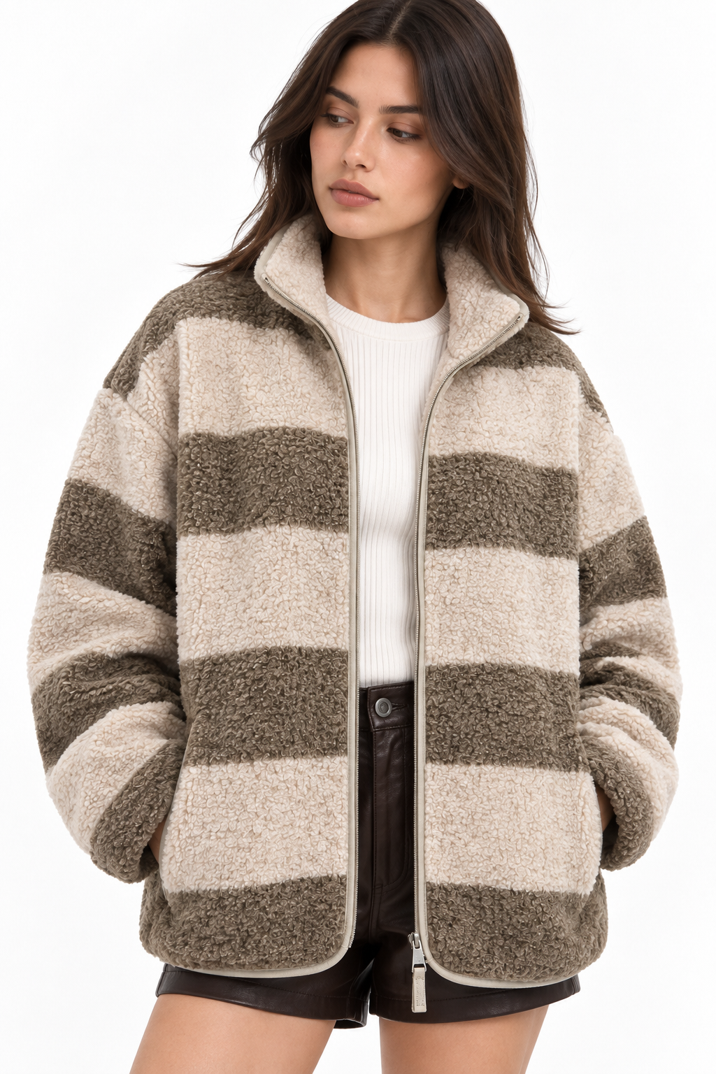 4981 Kadın Kahve Çizgili Cepli Yumuşak Dokulu Polar Sweatshirt