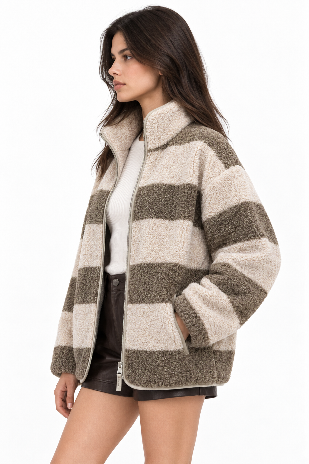 4981 Kadın Kahve Çizgili Cepli Yumuşak Dokulu Polar Sweatshirt