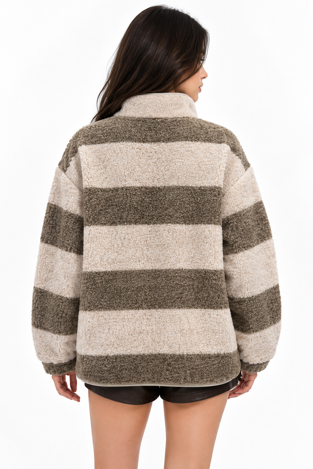 4981 Kadın Kahve Çizgili Cepli Yumuşak Dokulu Polar Sweatshirt