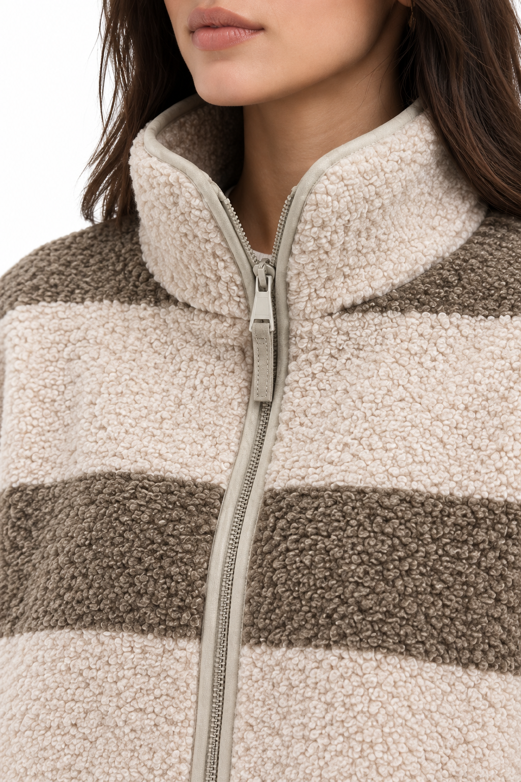 4981 Kadın Kahve Çizgili Cepli Yumuşak Dokulu Polar Sweatshirt