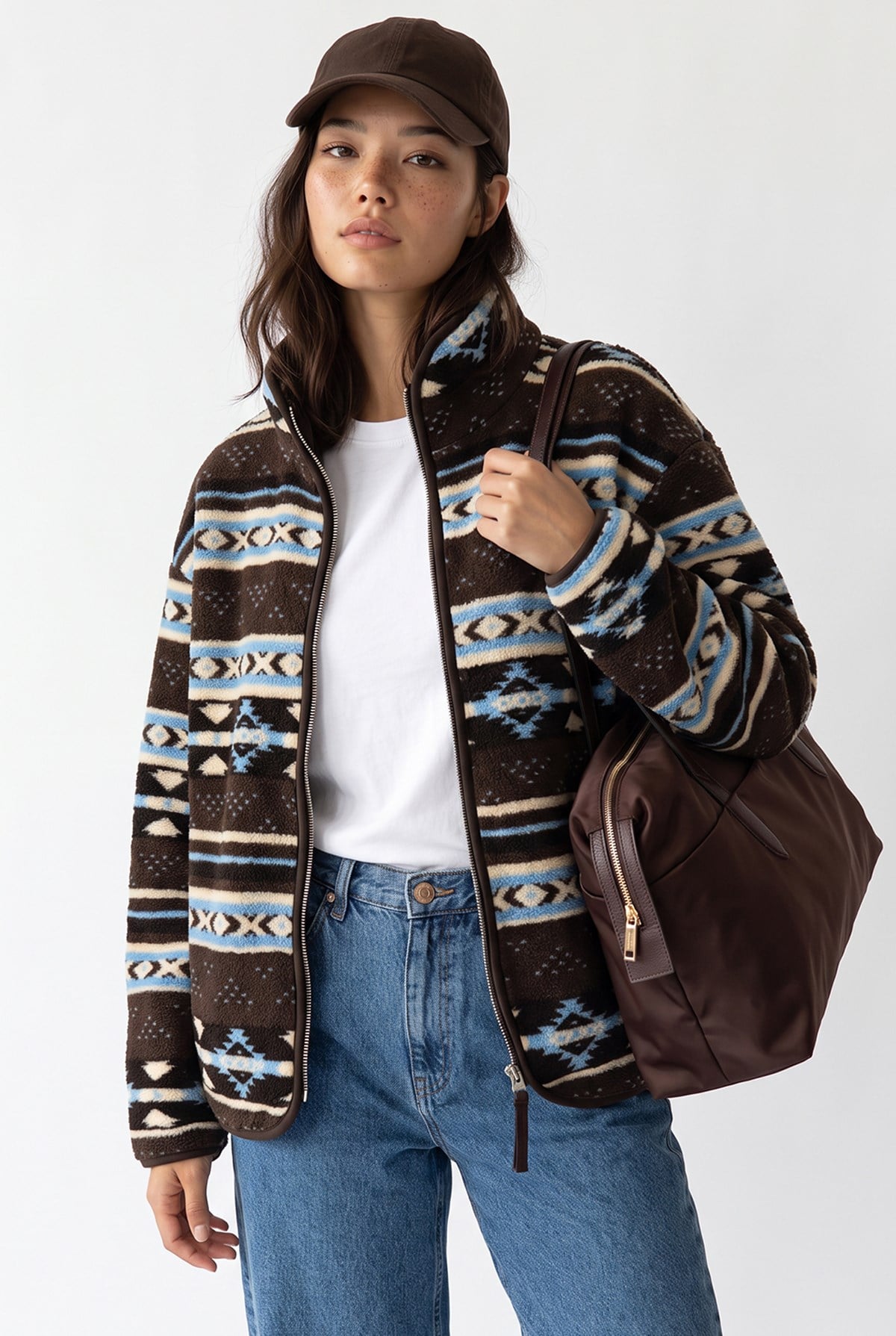 4981 Kadın Kilim Motifli Mavi Cepli Yumuşak Dokulu Polar Sweatshirt