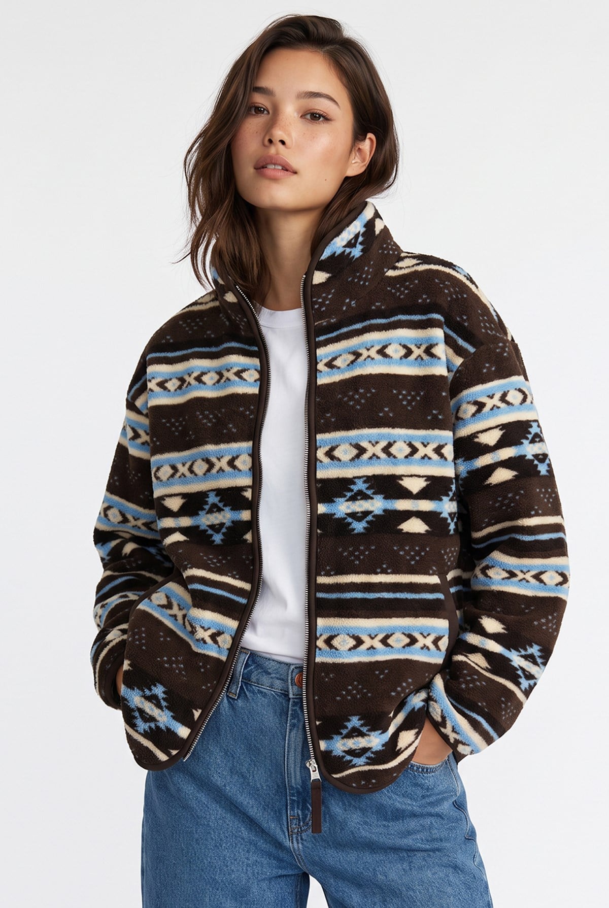 4981 Kadın Kilim Motifli Mavi Cepli Yumuşak Dokulu Polar Sweatshirt