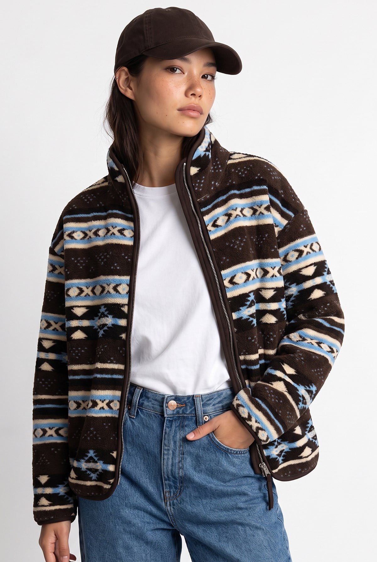 4981 Kadın Kilim Motifli Mavi Cepli Yumuşak Dokulu Polar Sweatshirt