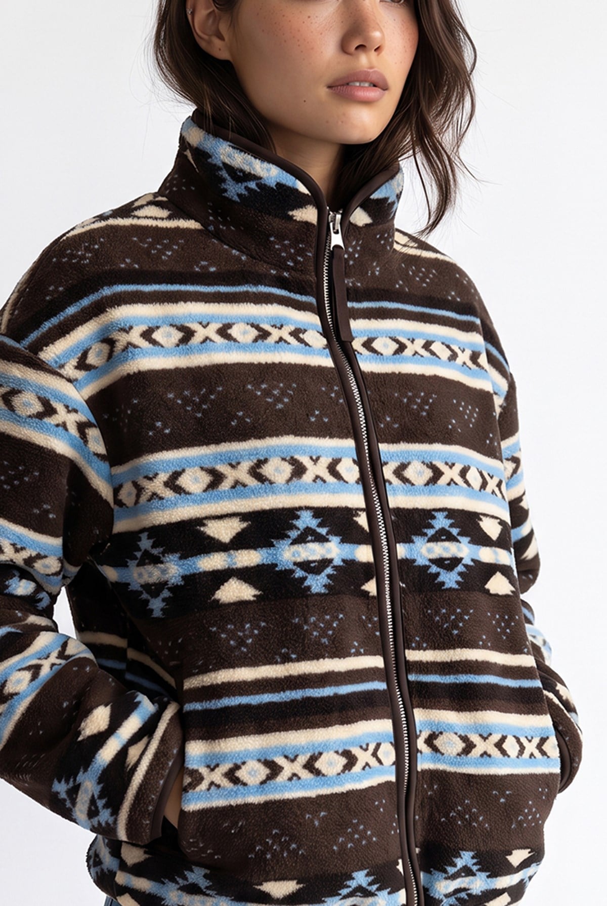 4981 Kadın Kilim Motifli Mavi Cepli Yumuşak Dokulu Polar Sweatshirt
