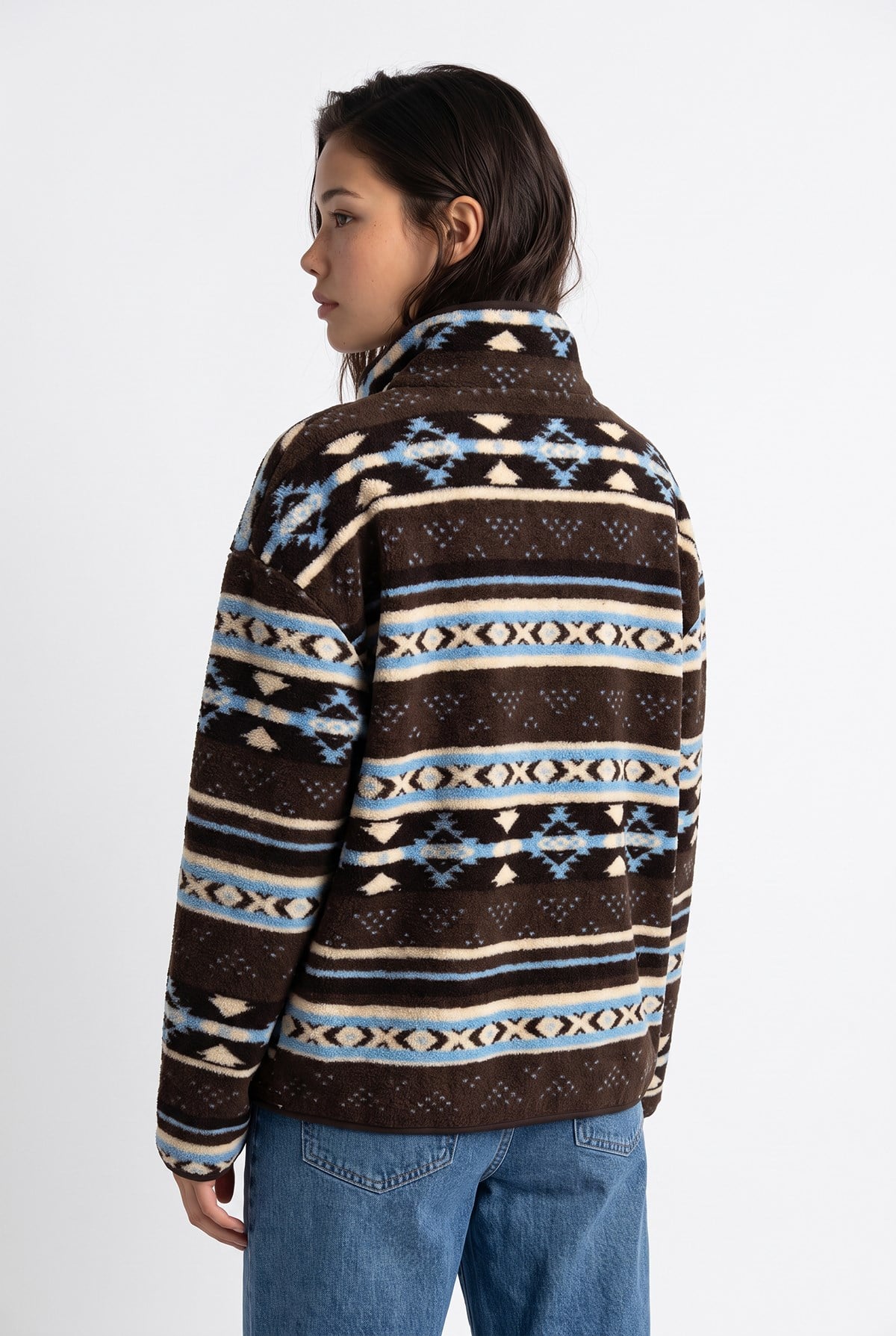 4981 Kadın Kilim Motifli Mavi Cepli Yumuşak Dokulu Polar Sweatshirt