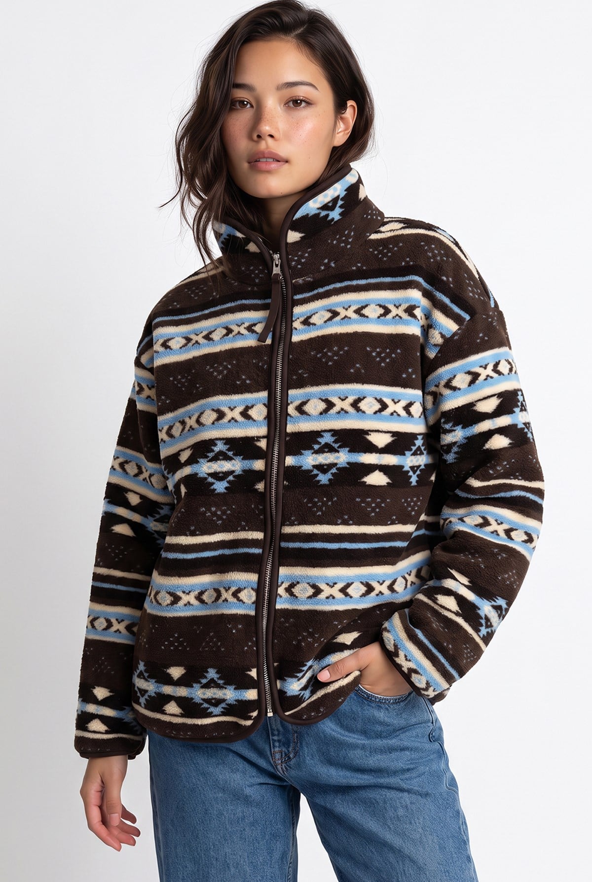 4981 Kadın Kilim Motifli Mavi Cepli Yumuşak Dokulu Polar Sweatshirt