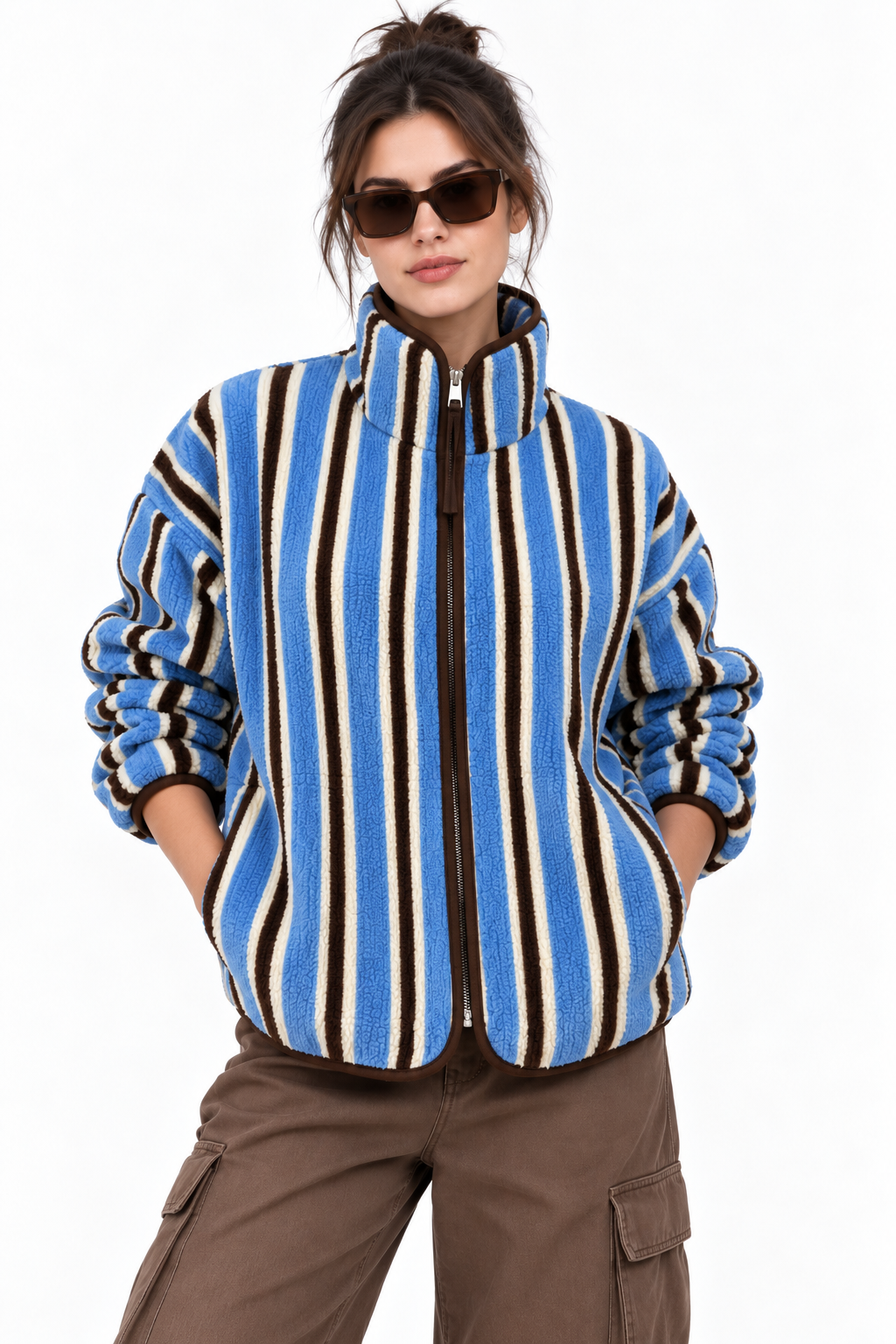4981 Kadın Mavi Kahve Şeritli Cepli Yumuşak Dokulu Polar Sweatshirt