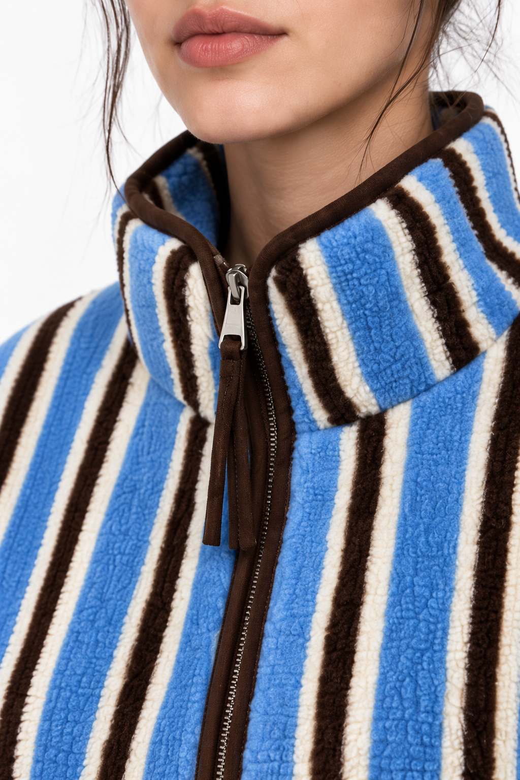 4981 Kadın Mavi Kahve Şeritli Cepli Yumuşak Dokulu Polar Sweatshirt