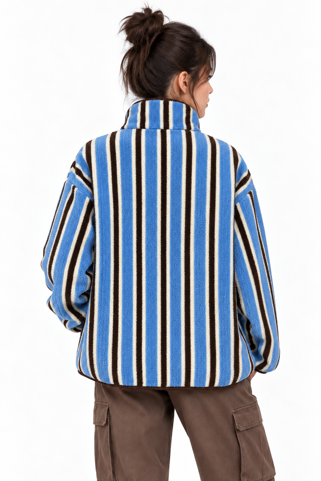 4981 Kadın Mavi Kahve Şeritli Cepli Yumuşak Dokulu Polar Sweatshirt