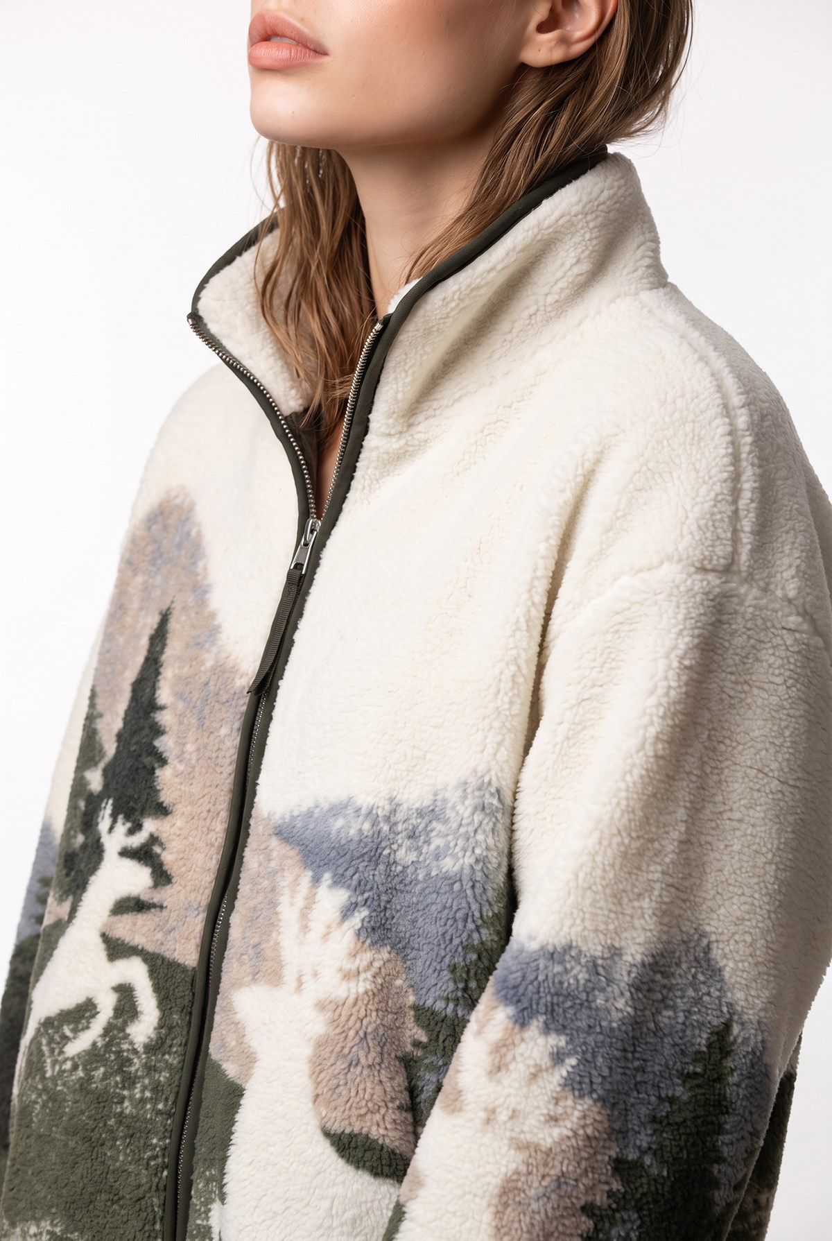 4981 Kadın Orman Manzaralı Cepli Yumuşak Dokulu Polar Sweatshirt