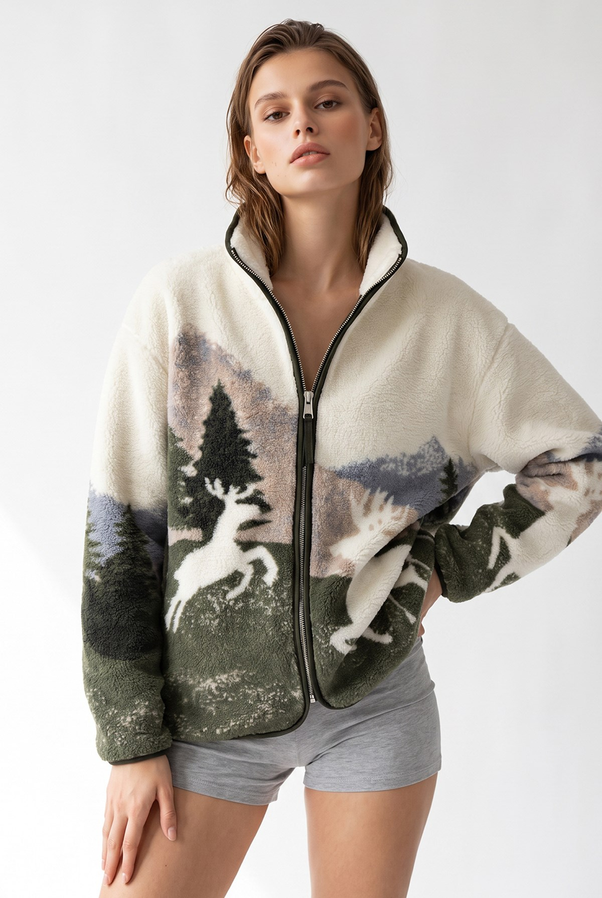 4981 Kadın Orman Manzaralı Cepli Yumuşak Dokulu Polar Sweatshirt