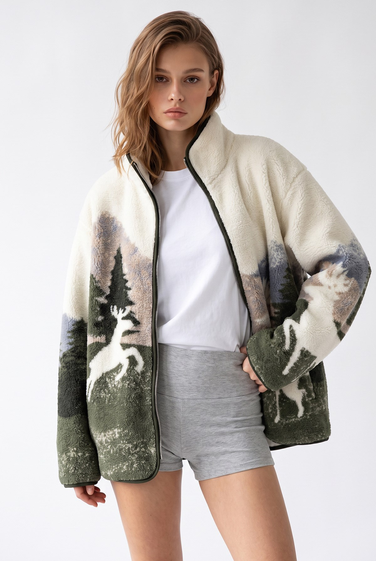 4981 Kadın Orman Manzaralı Cepli Yumuşak Dokulu Polar Sweatshirt