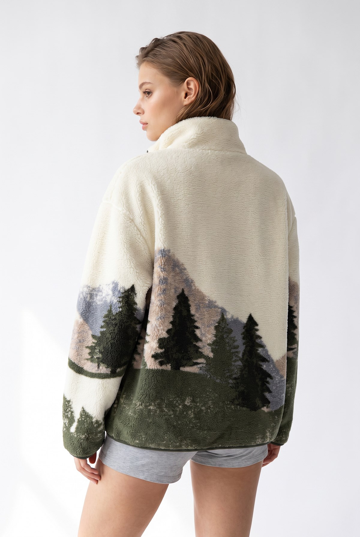 4981 Kadın Orman Manzaralı Cepli Yumuşak Dokulu Polar Sweatshirt