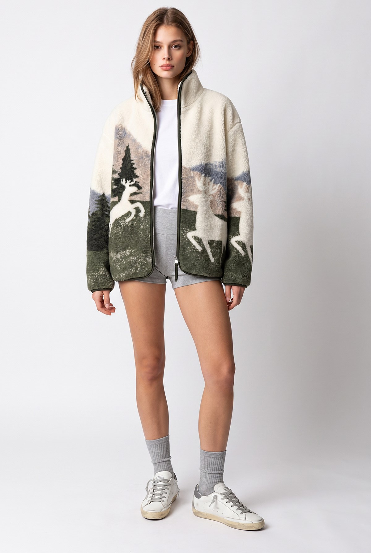 4981 Kadın Orman Manzaralı Cepli Yumuşak Dokulu Polar Sweatshirt