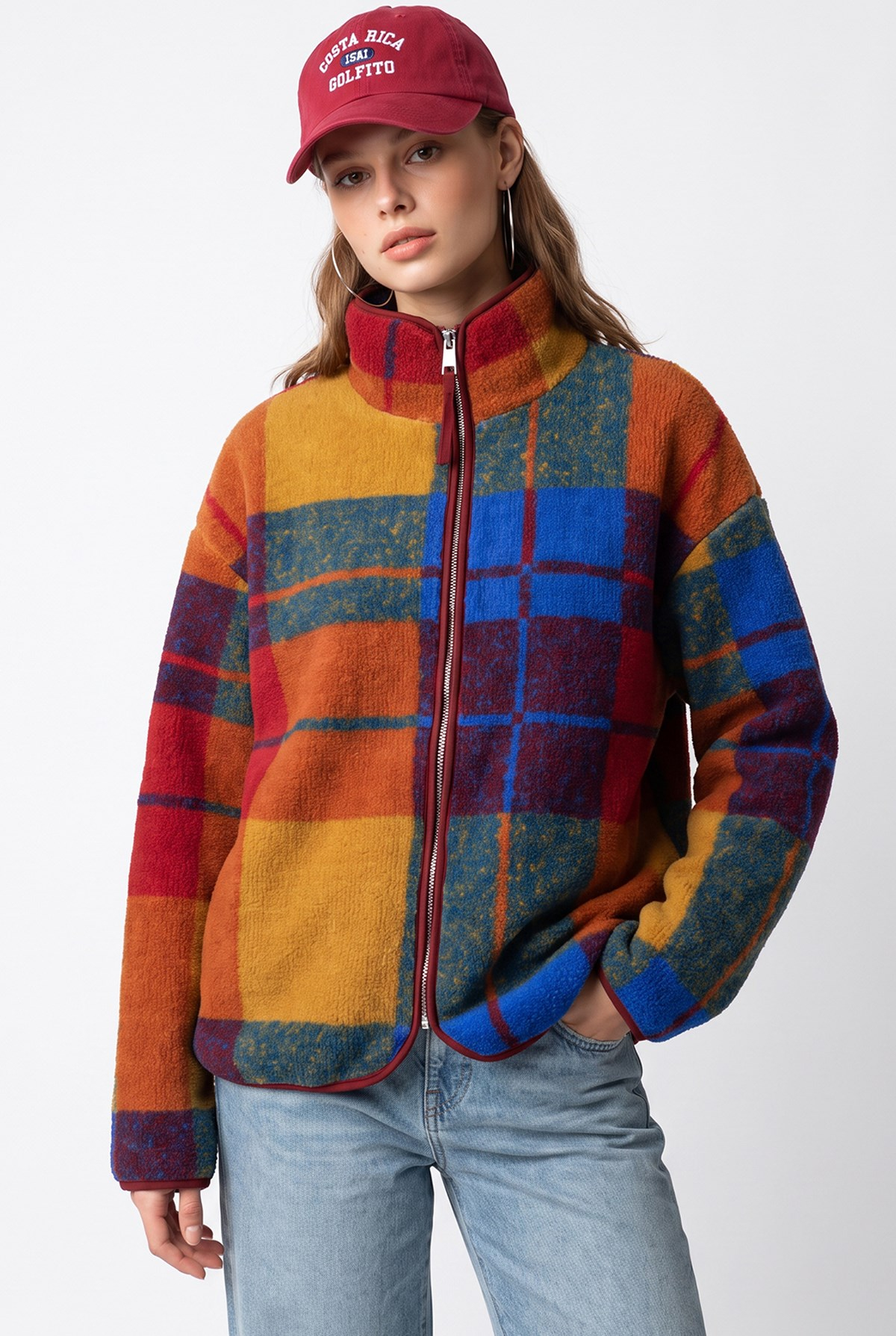 4981 Kadın Retro Ekose Desenli Cepli Yumuşak Dokulu Polar Sweatshirt