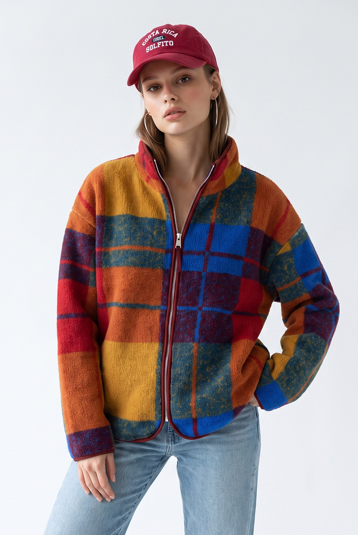 4981 Kadın Retro Ekose Desenli Cepli Yumuşak Dokulu Polar Sweatshirt