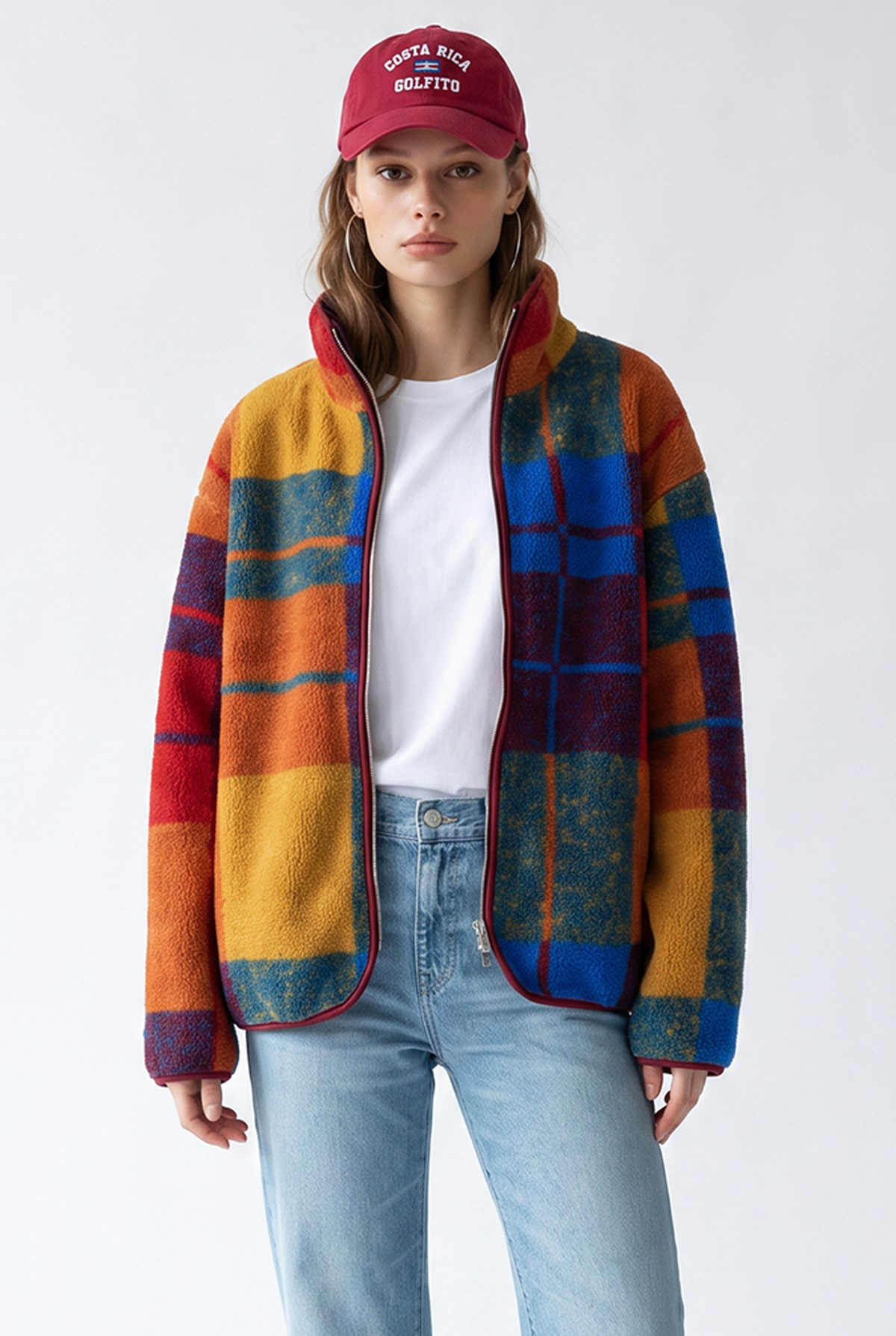 4981 Kadın Retro Ekose Desenli Cepli Yumuşak Dokulu Polar Sweatshirt