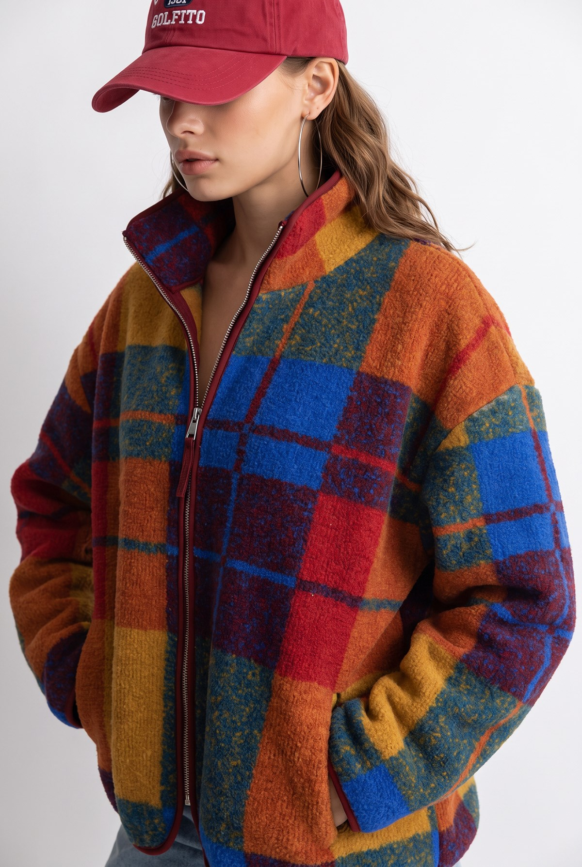4981 Kadın Retro Ekose Desenli Cepli Yumuşak Dokulu Polar Sweatshirt