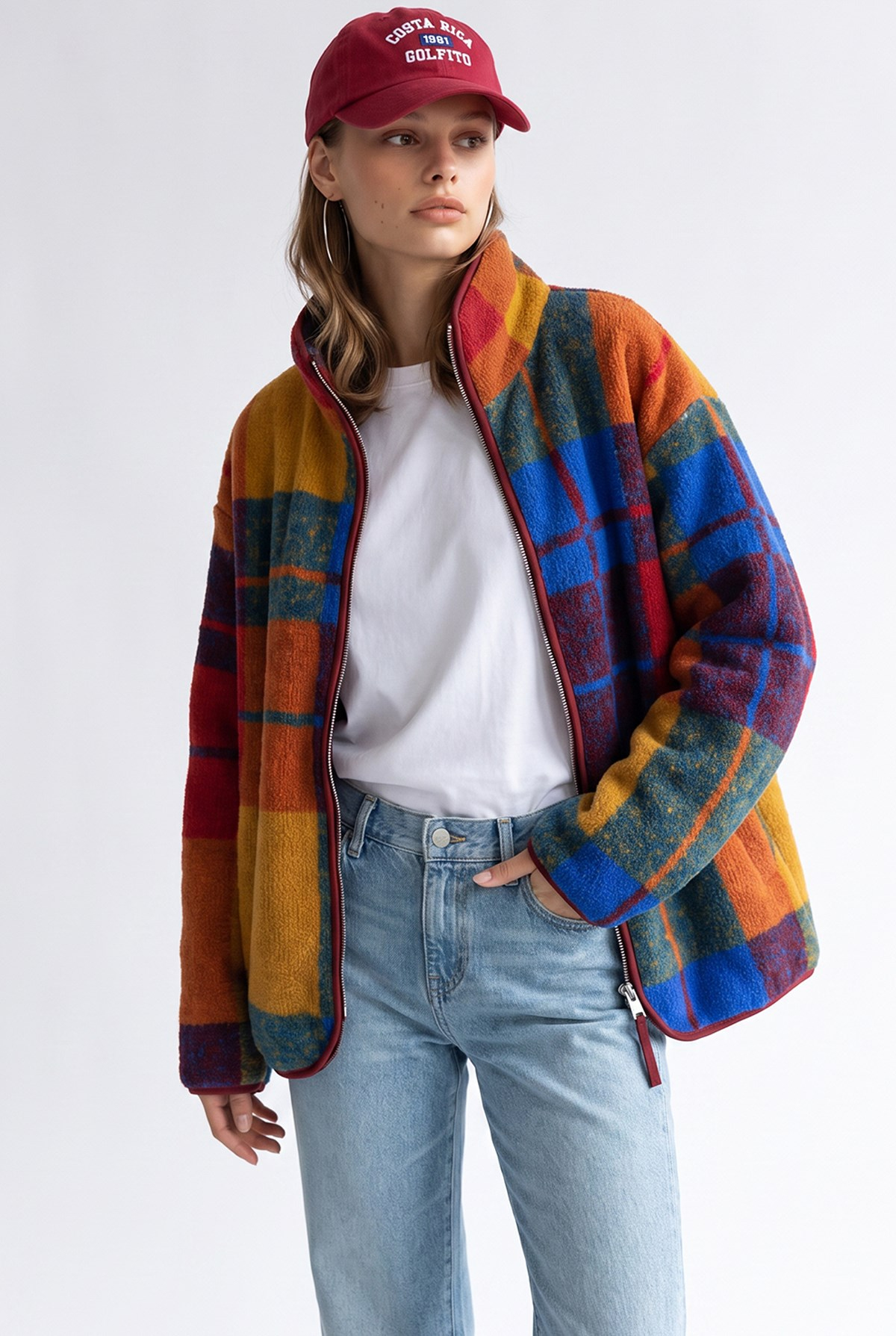 4981 Kadın Retro Ekose Desenli Cepli Yumuşak Dokulu Polar Sweatshirt