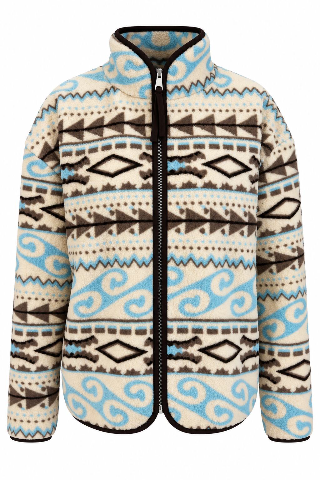 4981 Kadın Turkuaz Etnik Kilim Esintili Cepli Yumuşak Dokulu Polar Sweatshirt