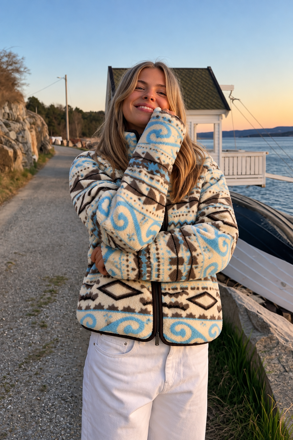 4981 Kadın Turkuaz Etnik Kilim Esintili Cepli Yumuşak Dokulu Polar Sweatshirt