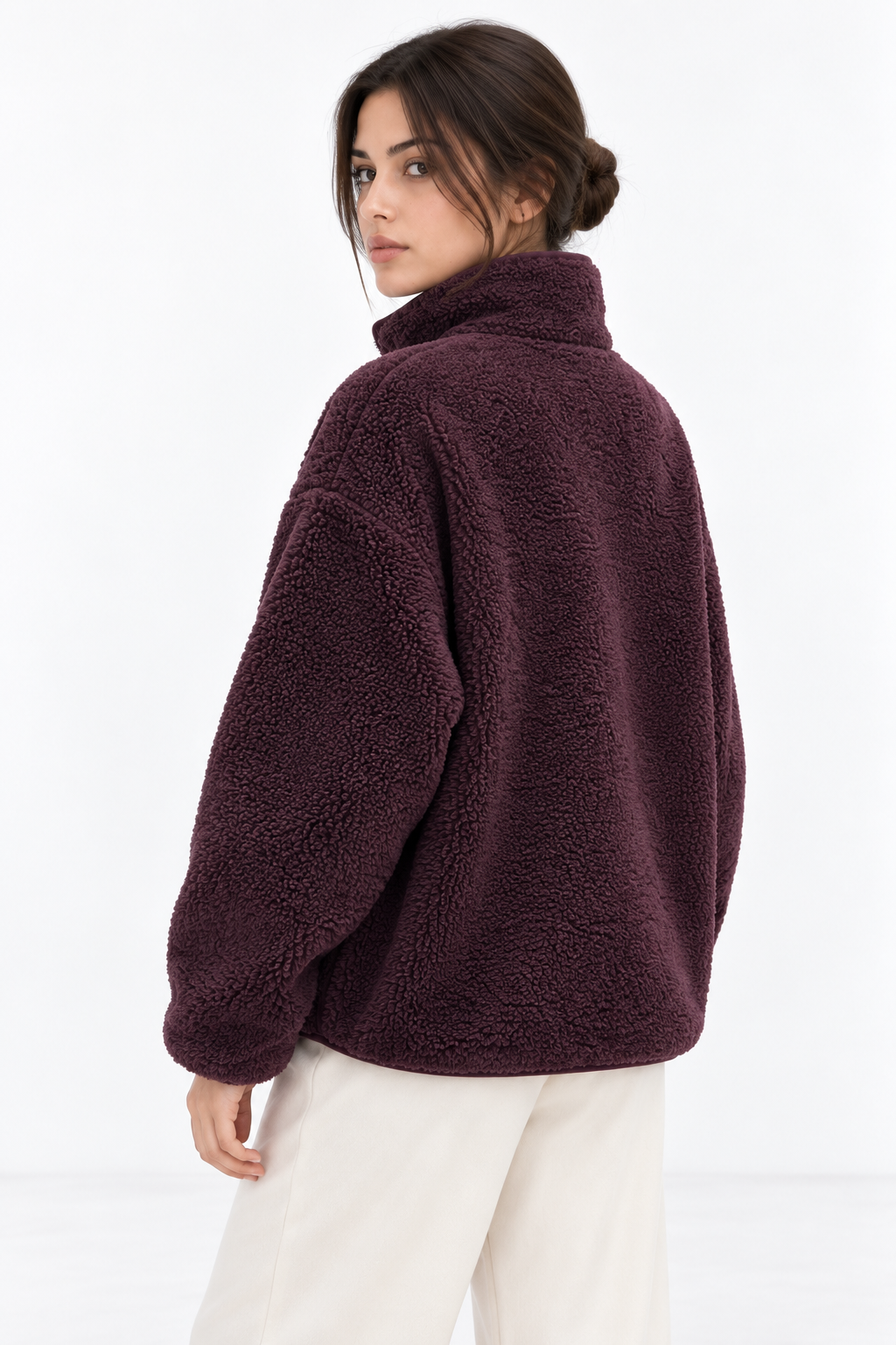 4984 Kadın Fermuarlı Önden Cepli Dik Yaka Polar Sweatshirt Mürdüm