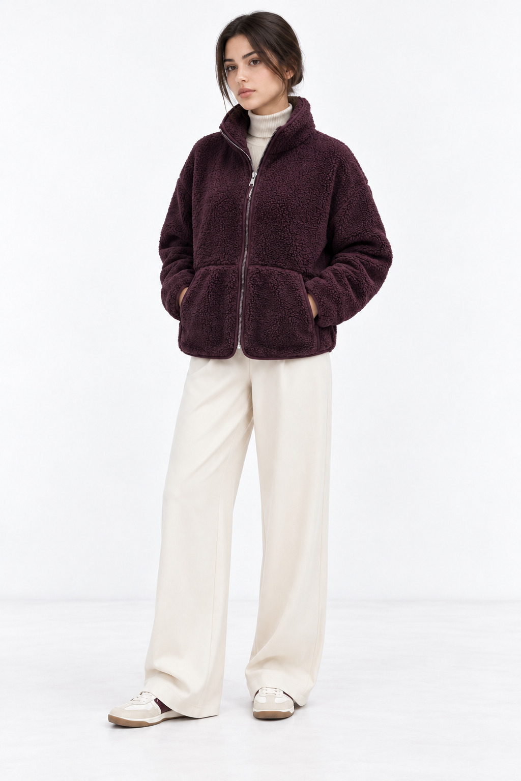 4984 Kadın Fermuarlı Önden Cepli Dik Yaka Polar Sweatshirt Mürdüm