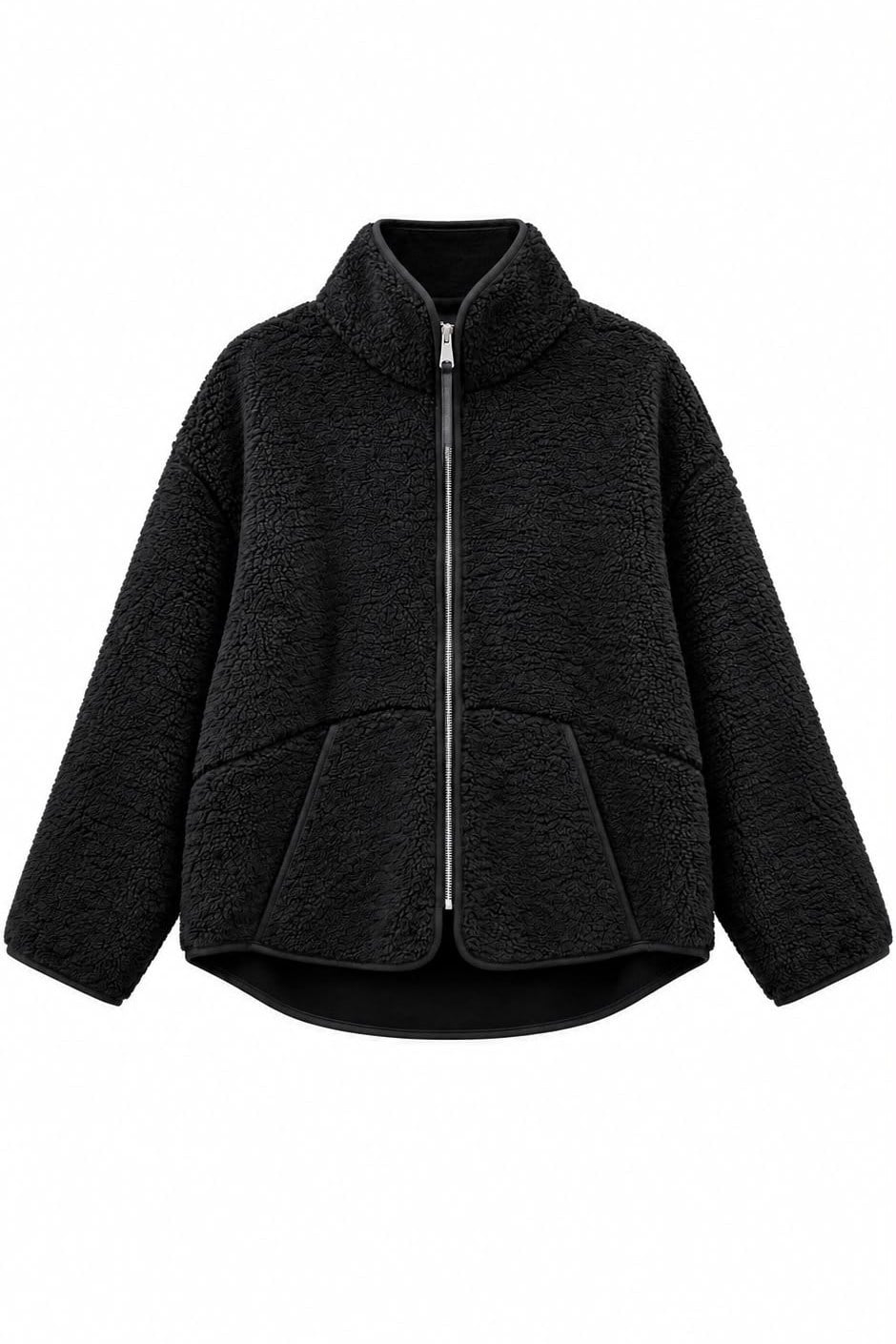 4984 Kadın Fermuarlı Önden Cepli Dik Yaka Polar Sweatshirt Siyah