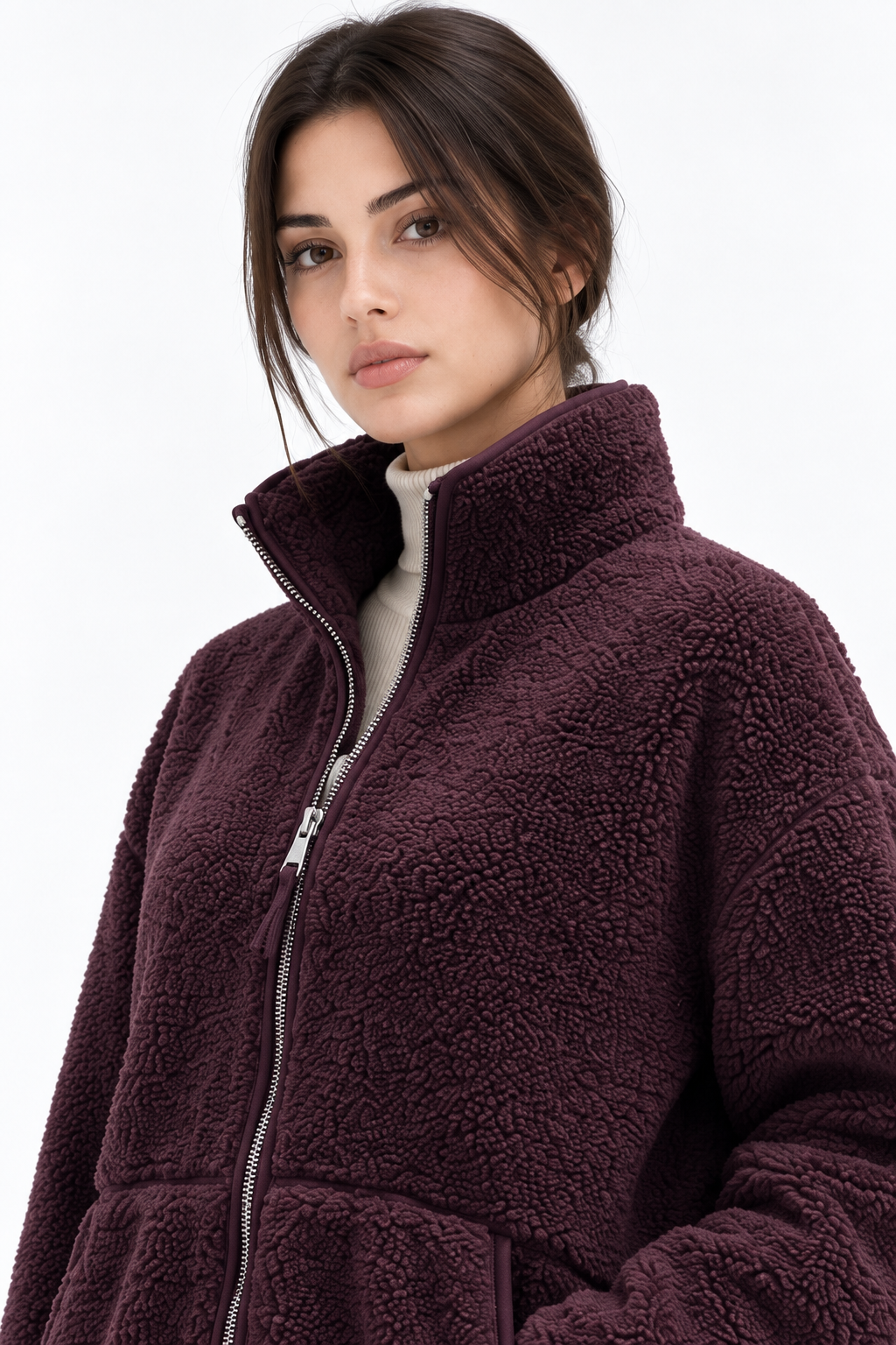 4984 Kadın Fermuarlı Önden Cepli Dik Yaka Polar Sweatshirt Mürdüm
