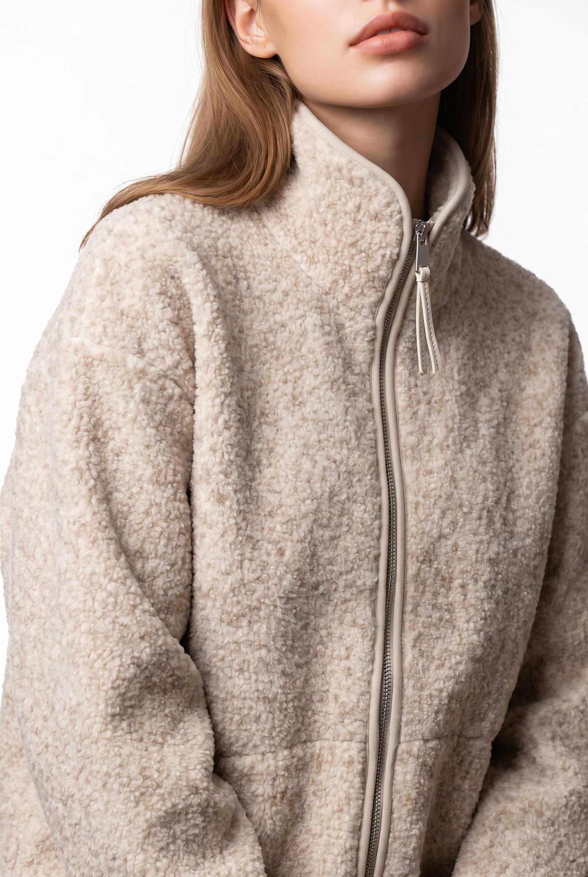 4984 Kadın Fermuarlı Önden Cepli Dik Yaka Sweatshirt Naturel