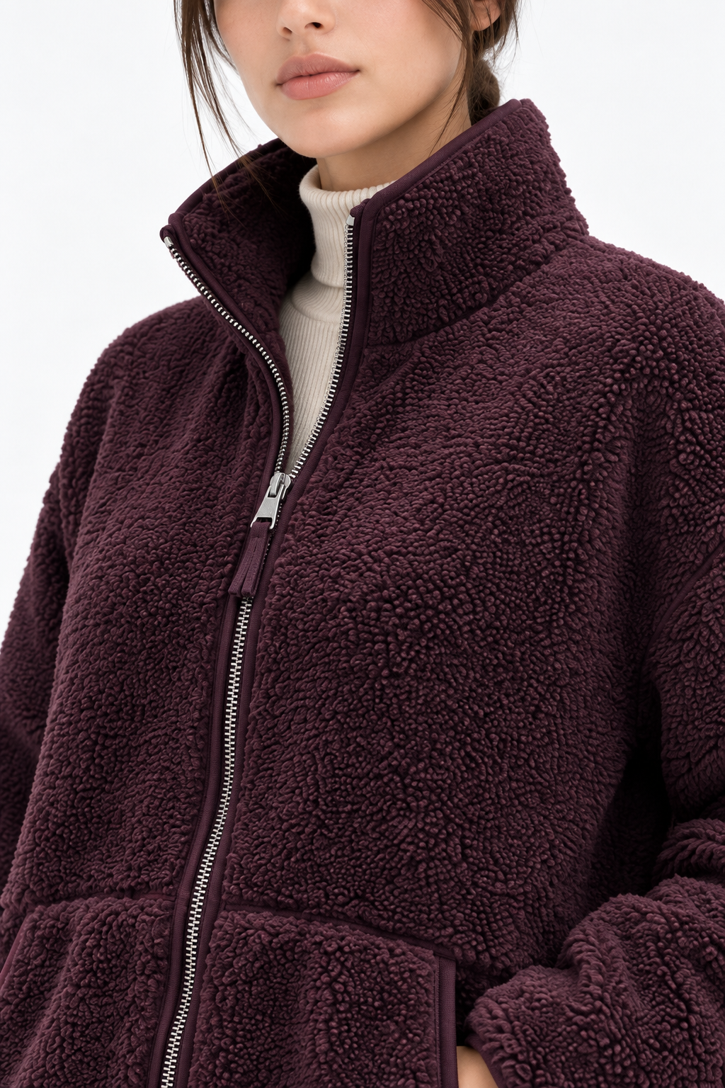 4984 Kadın Fermuarlı Önden Cepli Dik Yaka Polar Sweatshirt Mürdüm