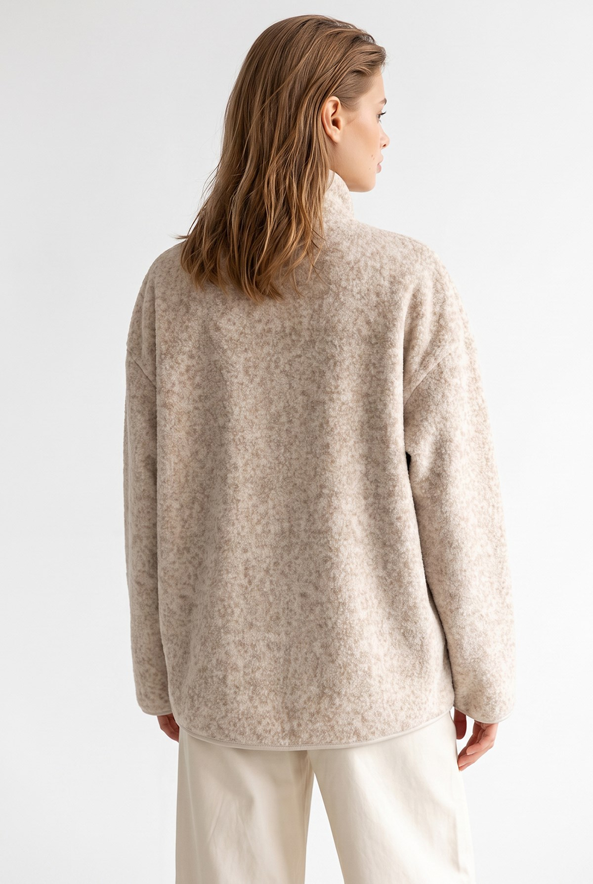 4984 Kadın Fermuarlı Önden Cepli Dik Yaka Sweatshirt Naturel