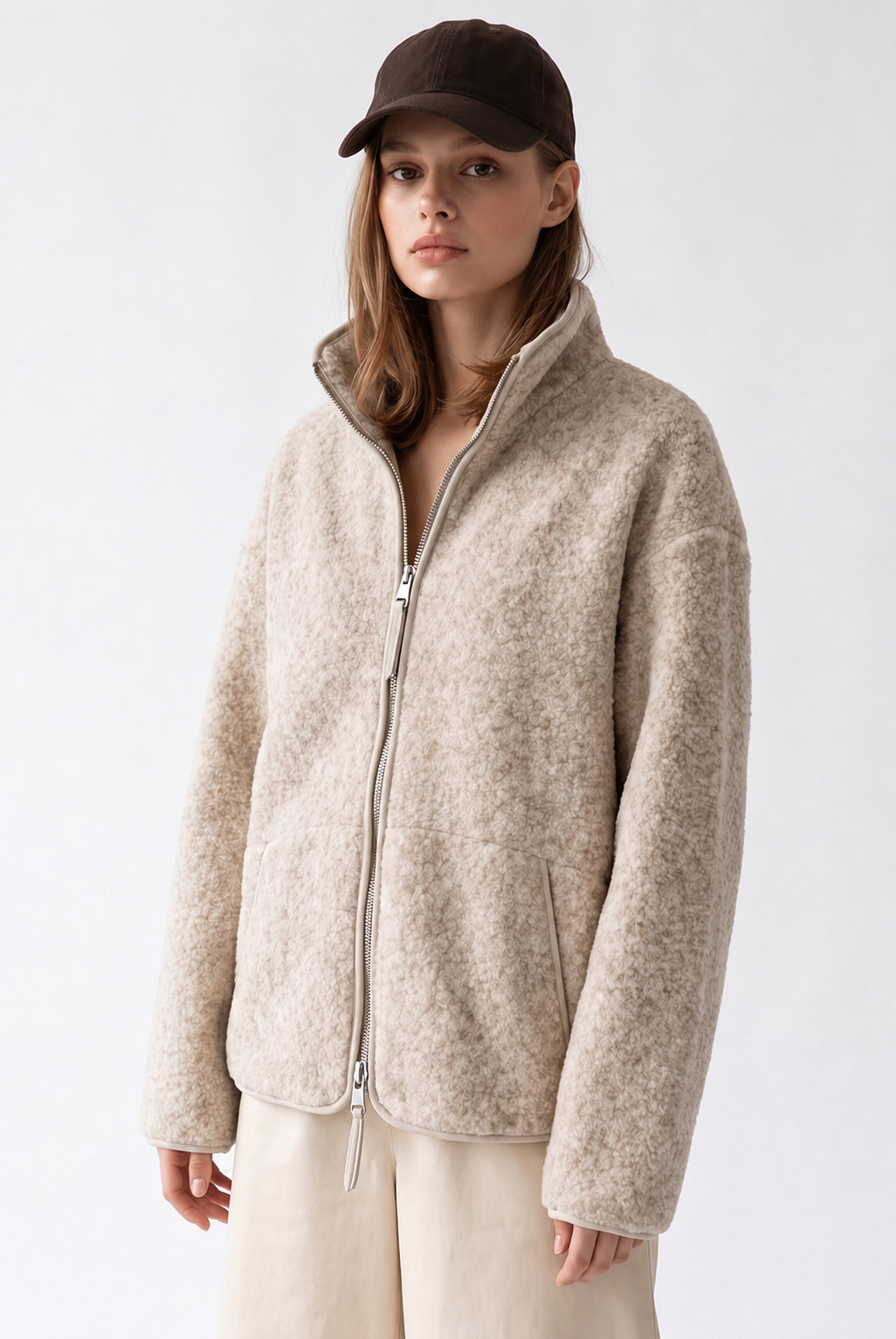 4984 Kadın Fermuarlı Önden Cepli Dik Yaka Sweatshirt Naturel