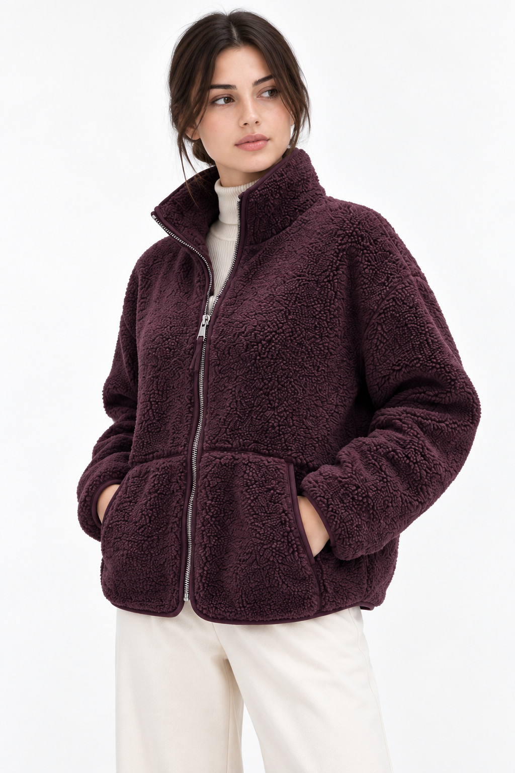 4984 Kadın Fermuarlı Önden Cepli Dik Yaka Polar Sweatshirt Mürdüm