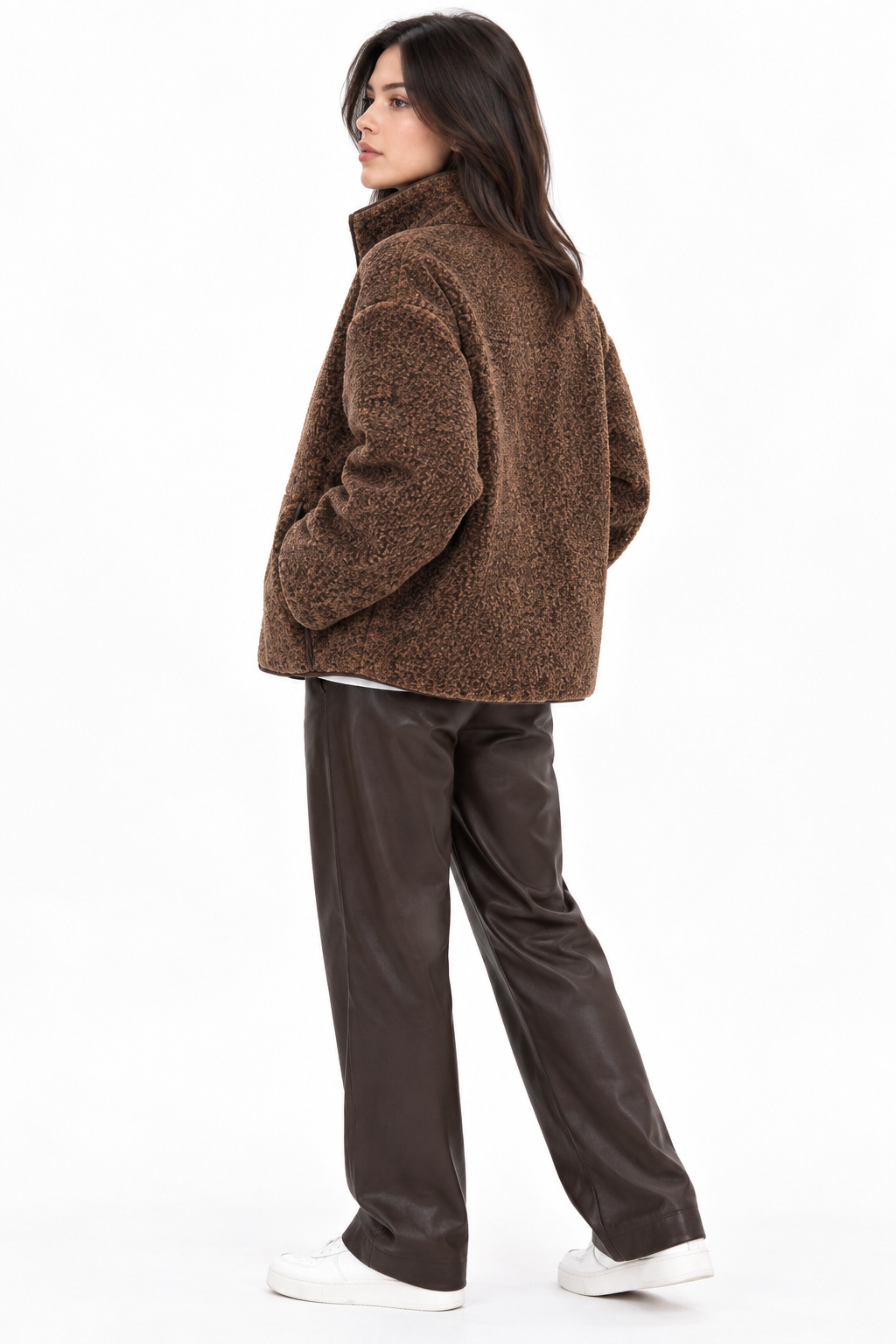 4984 Kadın Fermuarlı Önden Cepli Yumuşak Dokulu Dik Yaka Polar Sweatshirt Kahve