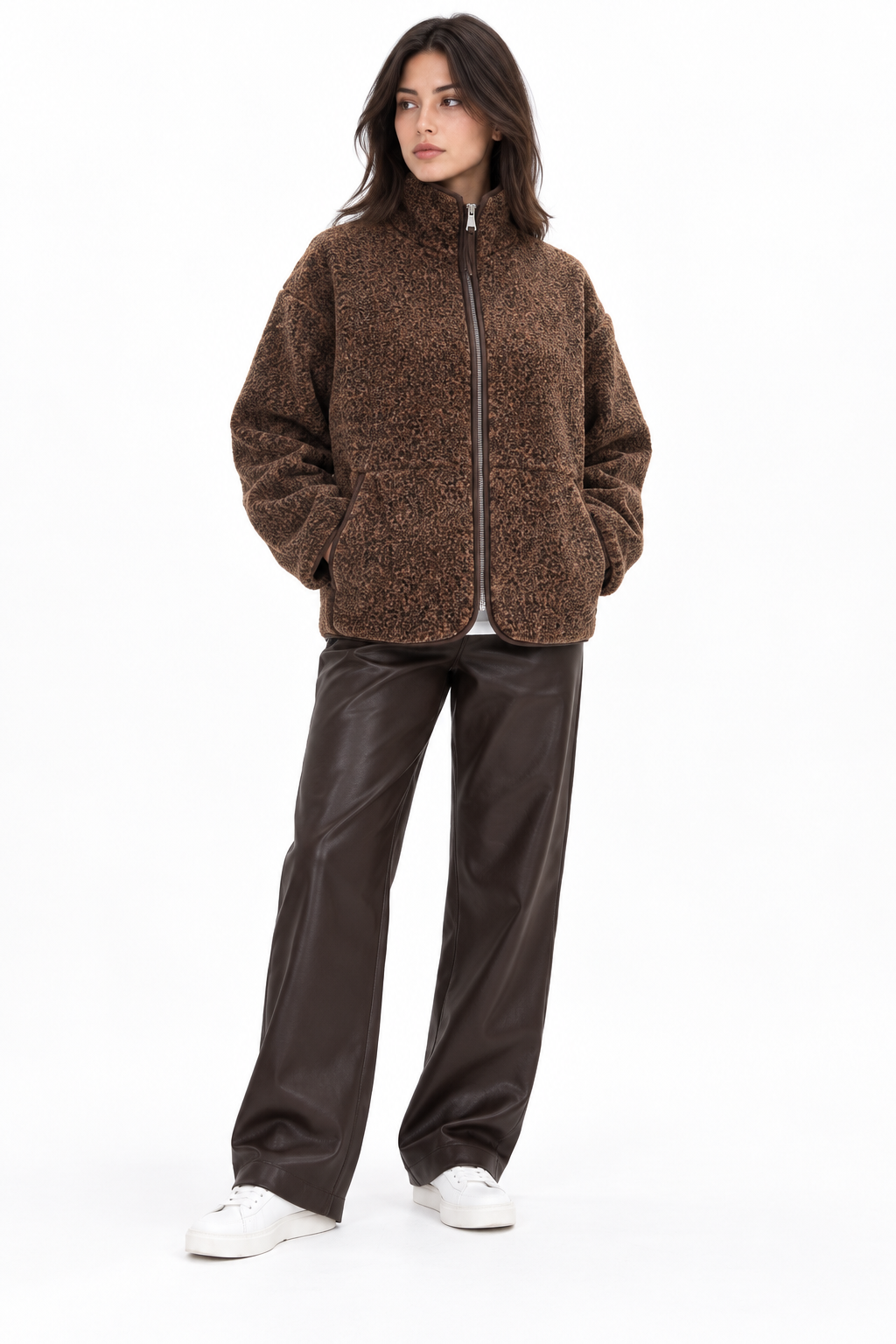 4984 Kadın Fermuarlı Önden Cepli Yumuşak Dokulu Dik Yaka Polar Sweatshirt Kahve