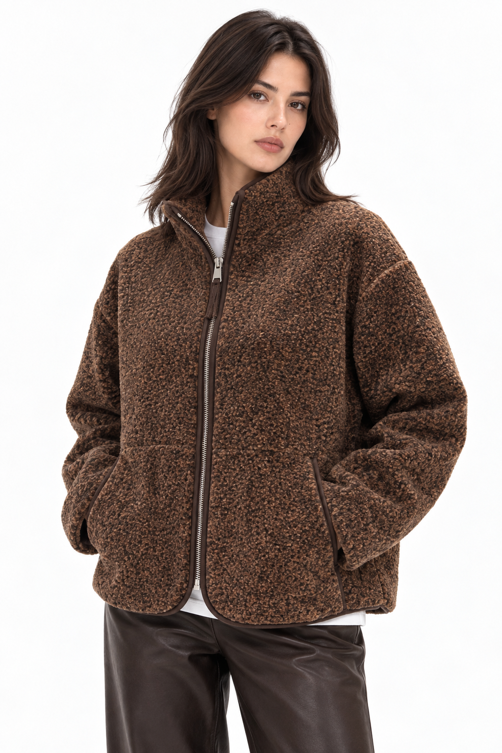 4984 Kadın Fermuarlı Önden Cepli Yumuşak Dokulu Dik Yaka Polar Sweatshirt Kahve